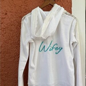 Betsey Johnson White Hoodie with Lace and Teal 'Wifey'